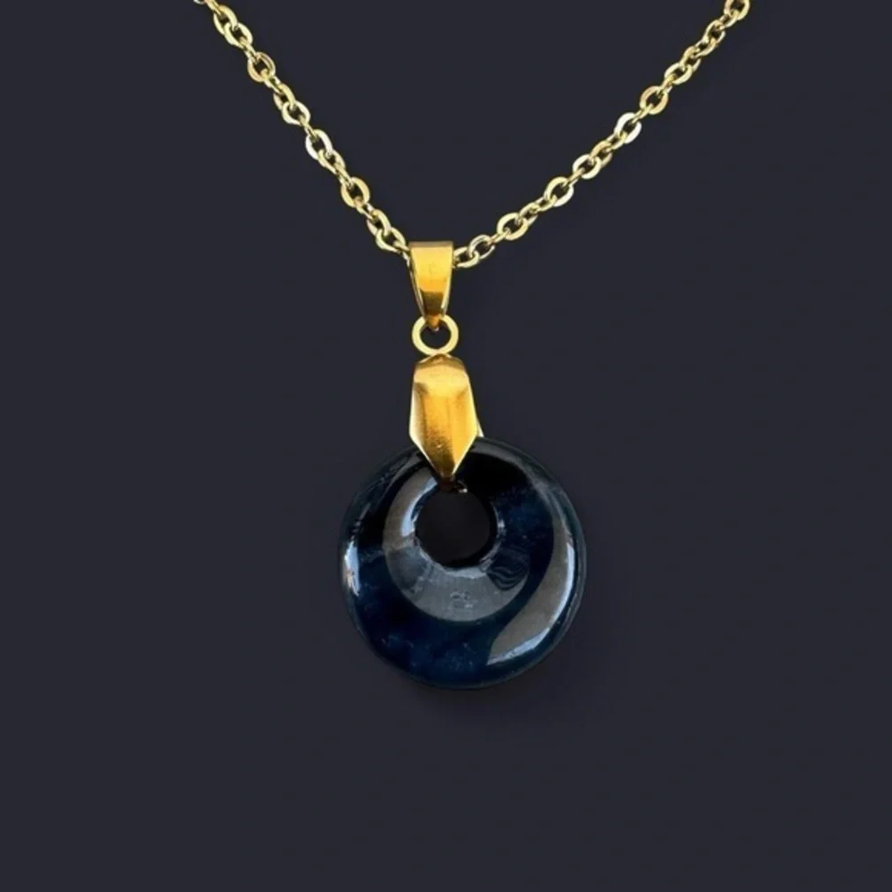 Black Agate Donut Pendant Gold Necklace